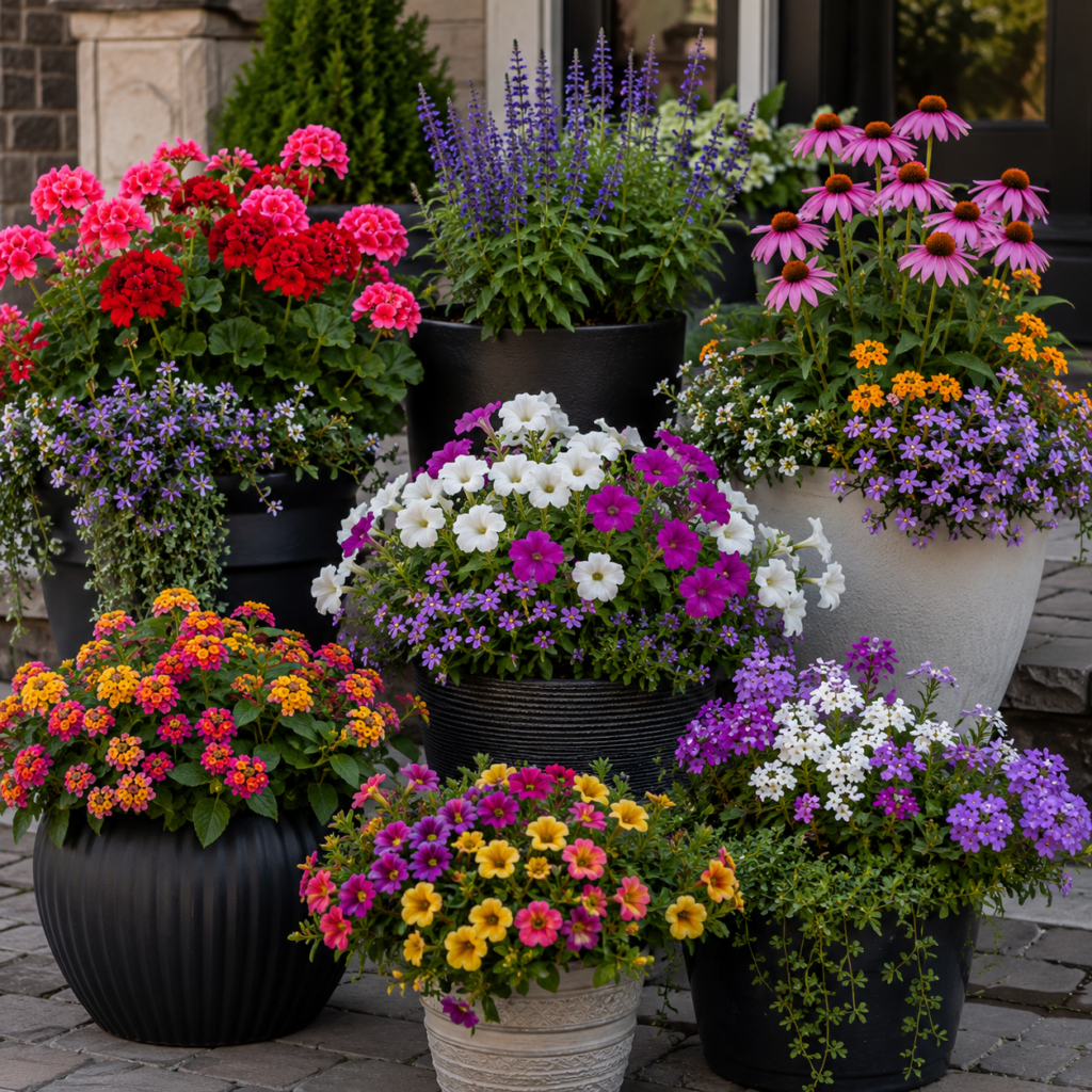 Front Yard Flower Planter Ideas with colorful seasonal flowers in decorative planters.
