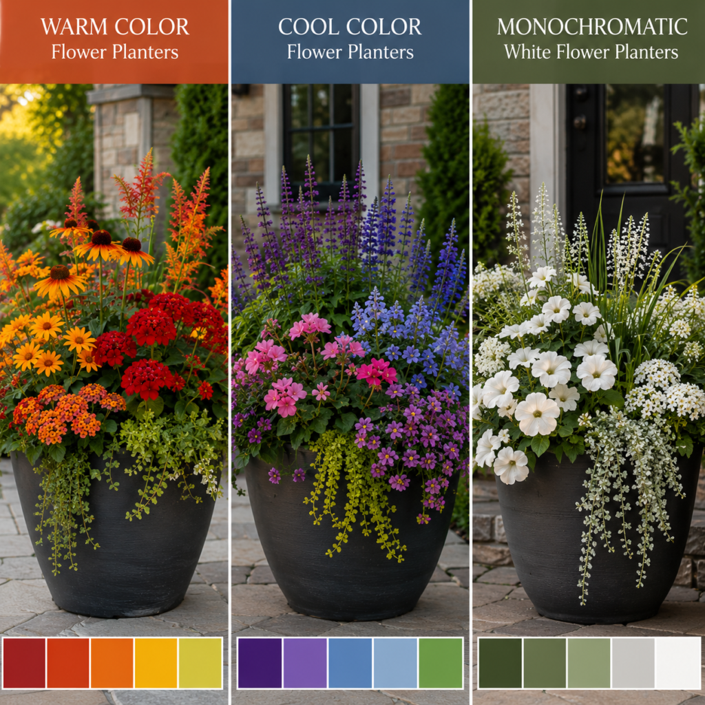 Front Yard Flower Planter Ideas with warm, cool, and white flower color combinations.