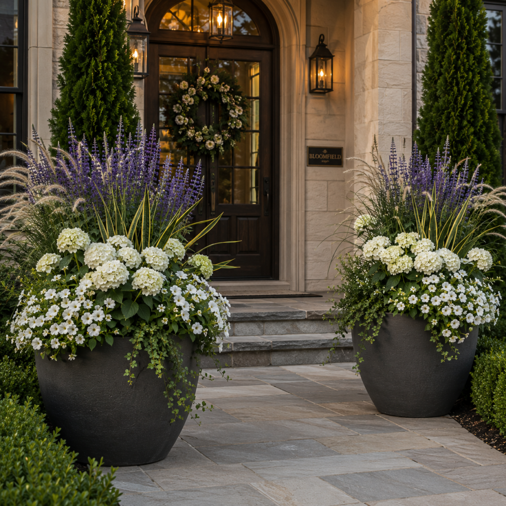 Front Yard Flower Planter Ideas with luxury white flowers and oversized entrance planters.