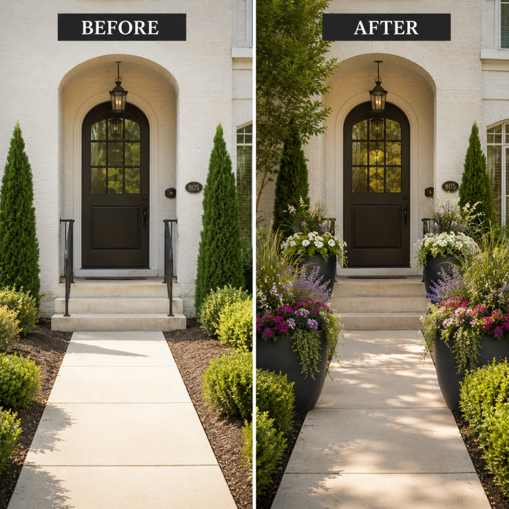 Front Yard Flower Planter Ideas before-and-after curb appeal transformation.