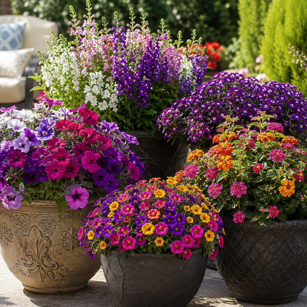 Best flowers for Backyard Planters with Petunias, Calibrachoa, Verbena, Lantana, and Angelonia.