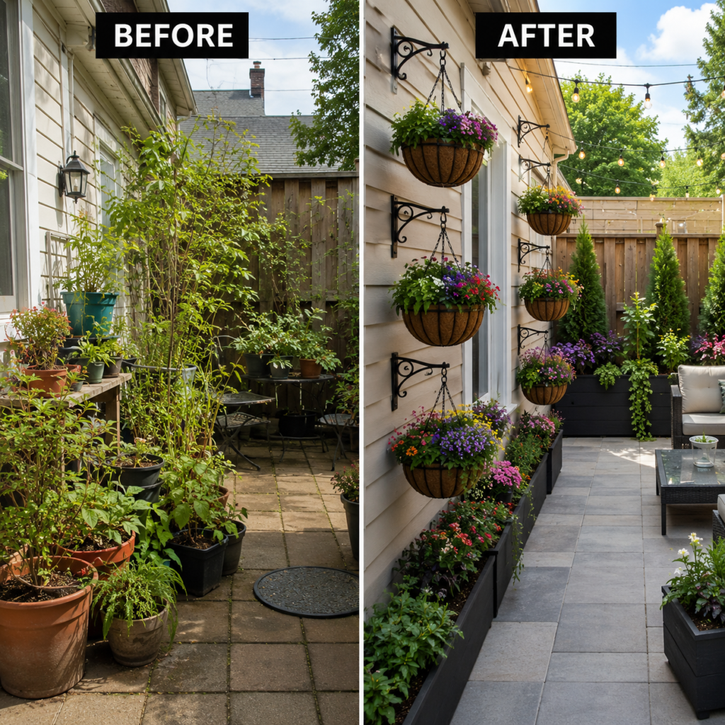 Hanging Backyard Planter Ideas before-and-after comparison showing a small patio transformed with vertical hanging planters.