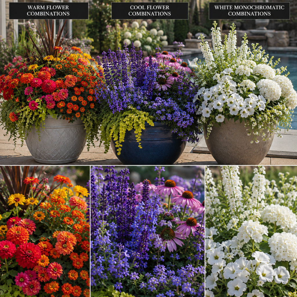 Best flowers for Backyard Planters Featuring Warm, Cool, and White Color Combinations.