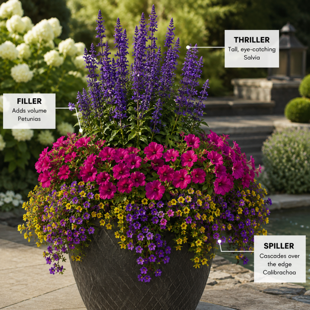 Best flowers for Backyard Planters in a Thriller-Filler-Spiller Arrangement.