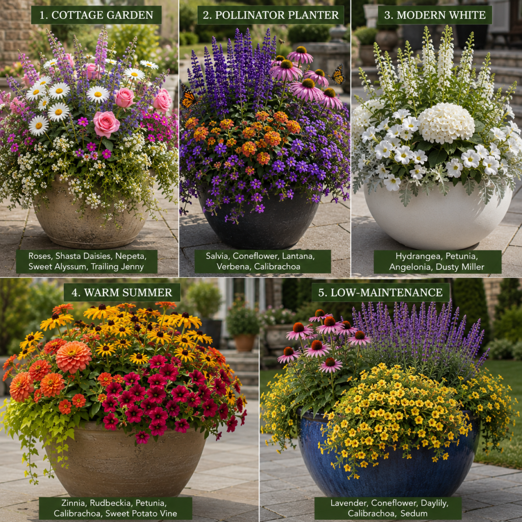 Best flowers for Backyard Planters with Five Colorful Planter Recipes.