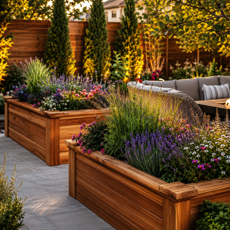 Wooden Backyard Planter Ideas with cedar flower boxes.