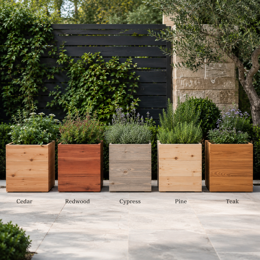 Wooden Backyard Planter Ideas with five wood planter types.