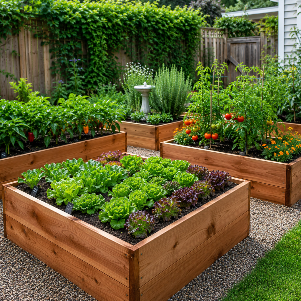 Wooden Backyard Planter Ideas with raised cedar vegetable beds.
