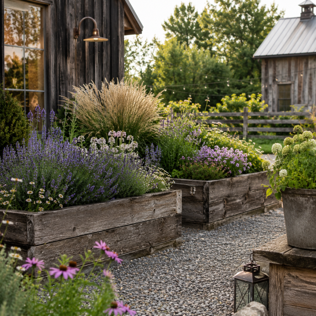 Wooden Backyard Planter Ideas with rustic reclaimed wood planters.