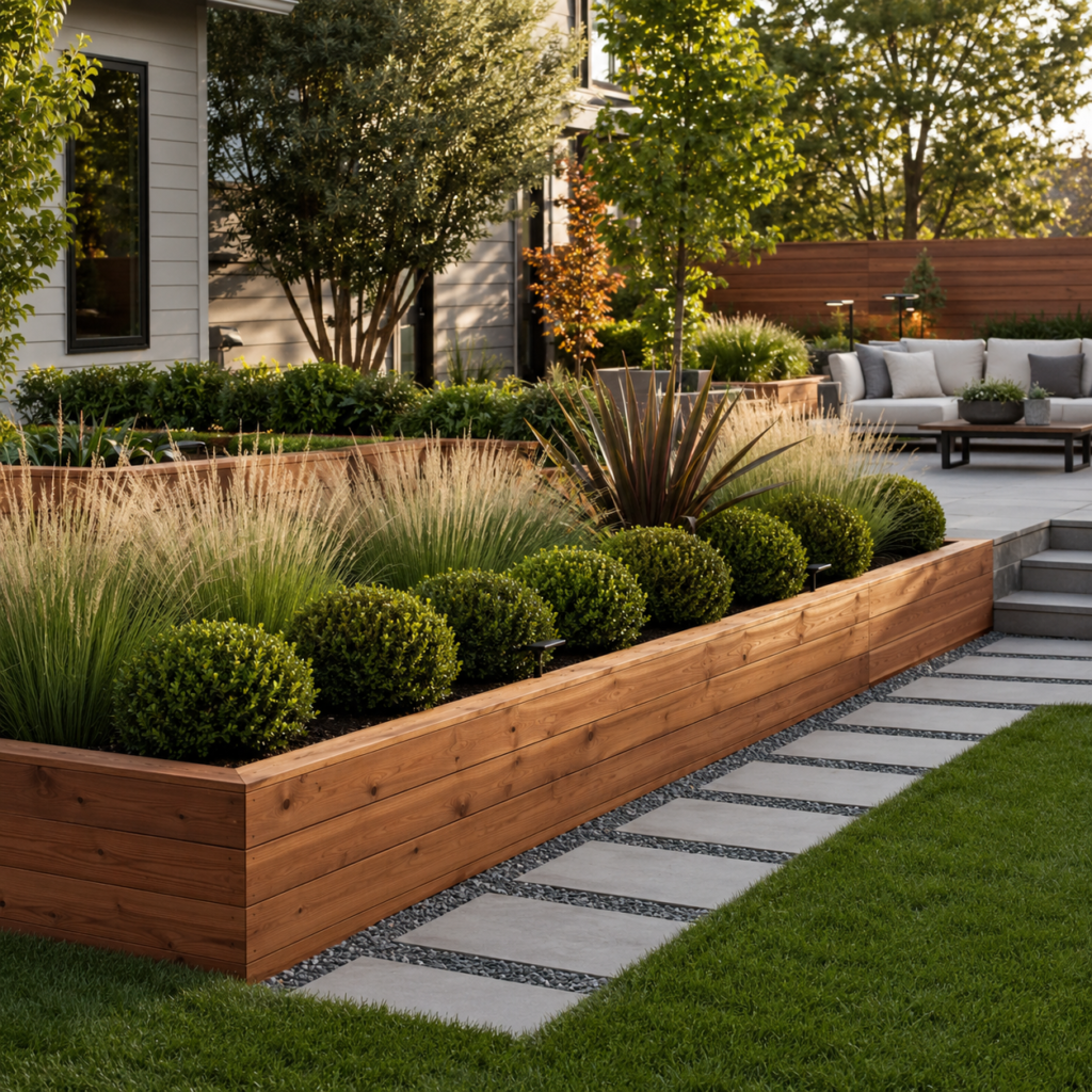 Wooden Backyard Planter Ideas with modern cedar planters.