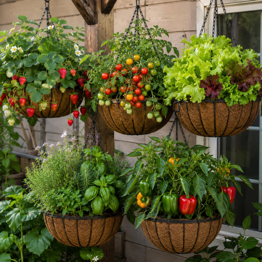 Hanging Backyard Planter Ideas with strawberries, tomatoes, lettuce, herbs, and peppers growing in hanging baskets.