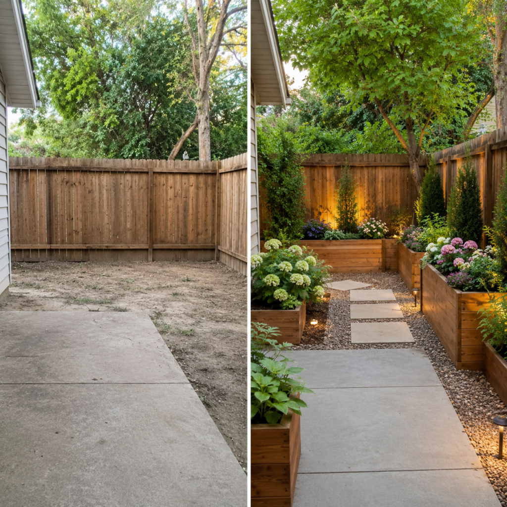 Wooden Backyard Planter Ideas before and after makeover