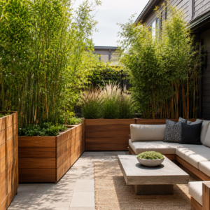 Backyard Privacy Planter Ideas with bamboo and cedar planters.