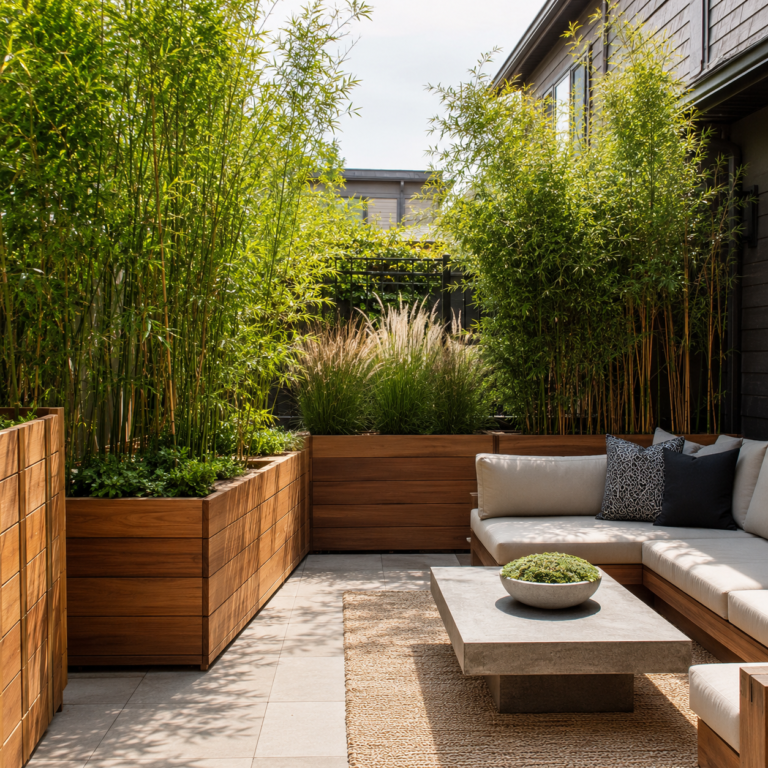 Backyard Privacy Planter Ideas with bamboo and cedar planters.