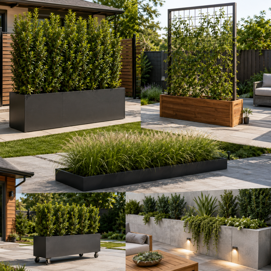 Backyard Privacy Planter Ideas with trellis and rolling planters.
