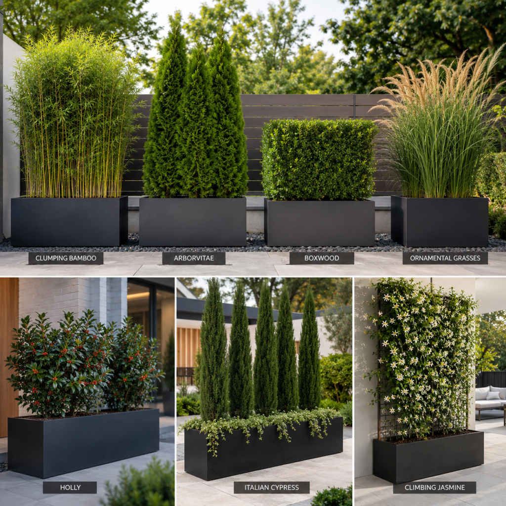 Backyard Privacy Planter Ideas with bamboo, boxwood, cypress, and jasmine.