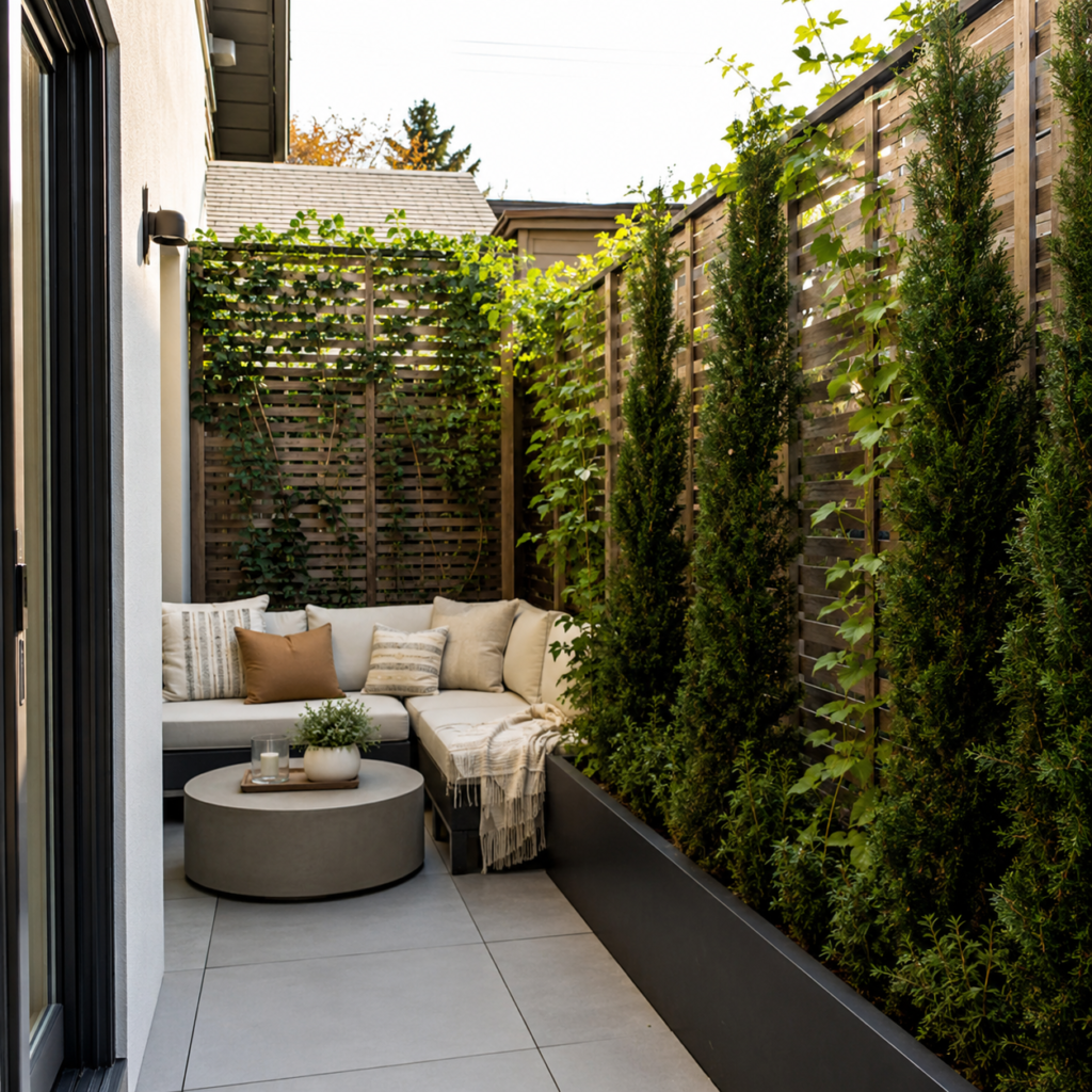 Backyard Privacy Planter Ideas for a small patio with trough planters and trellis screens.