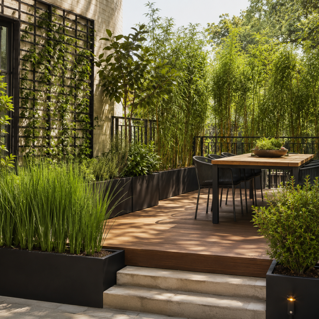Backyard Privacy Planter Ideas for a deck dining area with bamboo and trough planters.