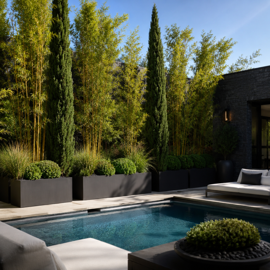 Backyard Privacy Planter Ideas for a luxury pool with bamboo and Italian cypress.