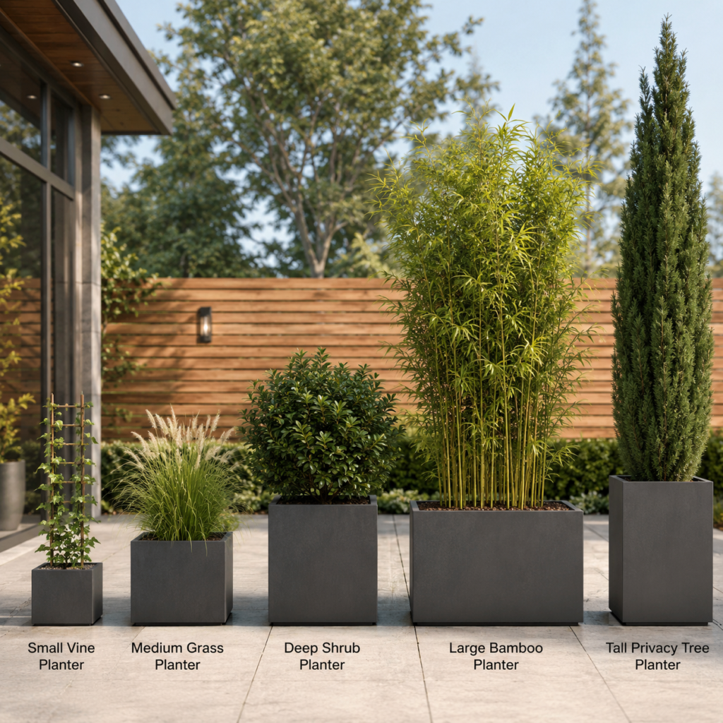 Backyard Privacy Planter Ideas size comparison with vine, grass, shrub, bamboo, and tree planters.