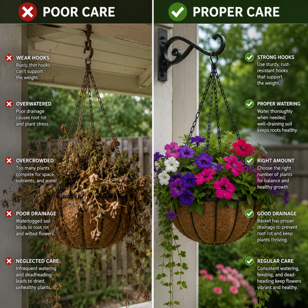 Hanging Backyard Planter Ideas comparison showing unhealthy and healthy hanging flower baskets.