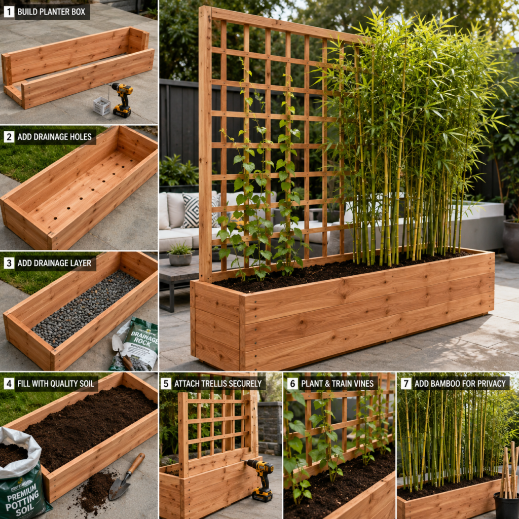 DIY Backyard Privacy Planter Ideas with trellis