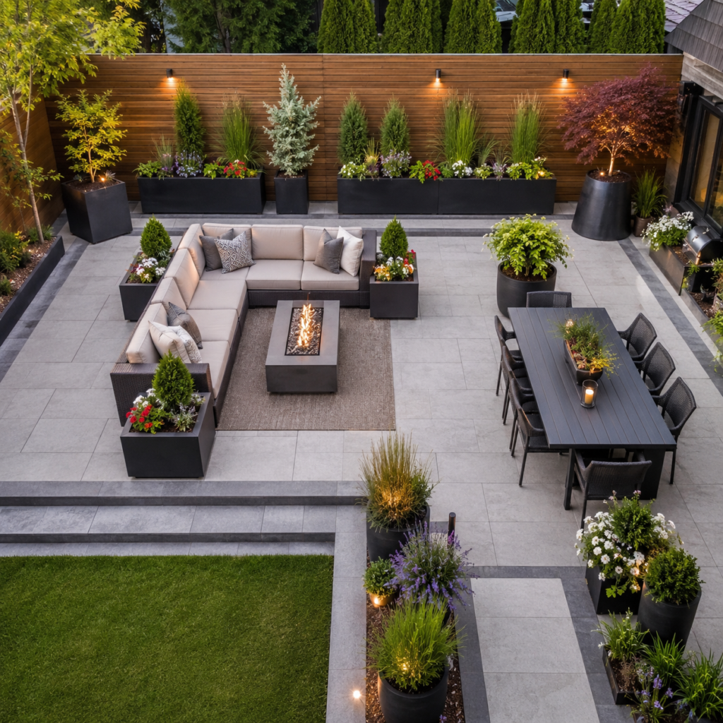 Backyard Patio Planter Ideas layout around seating and dining.