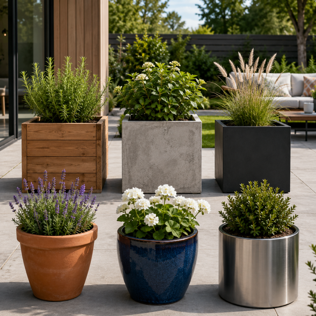 Backyard Patio Planter Ideas with different planter materials.
