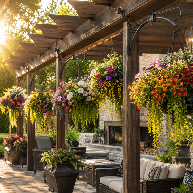 Hanging Backyard Planter Ideas with colorful flower baskets on a wooden pergola in a luxury backyard.
