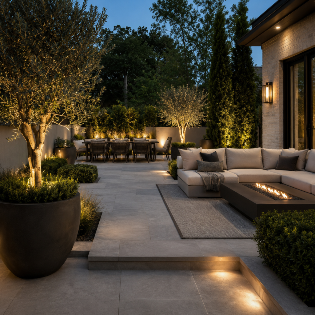 Large Backyard Patio Planter Ideas with modern planters.