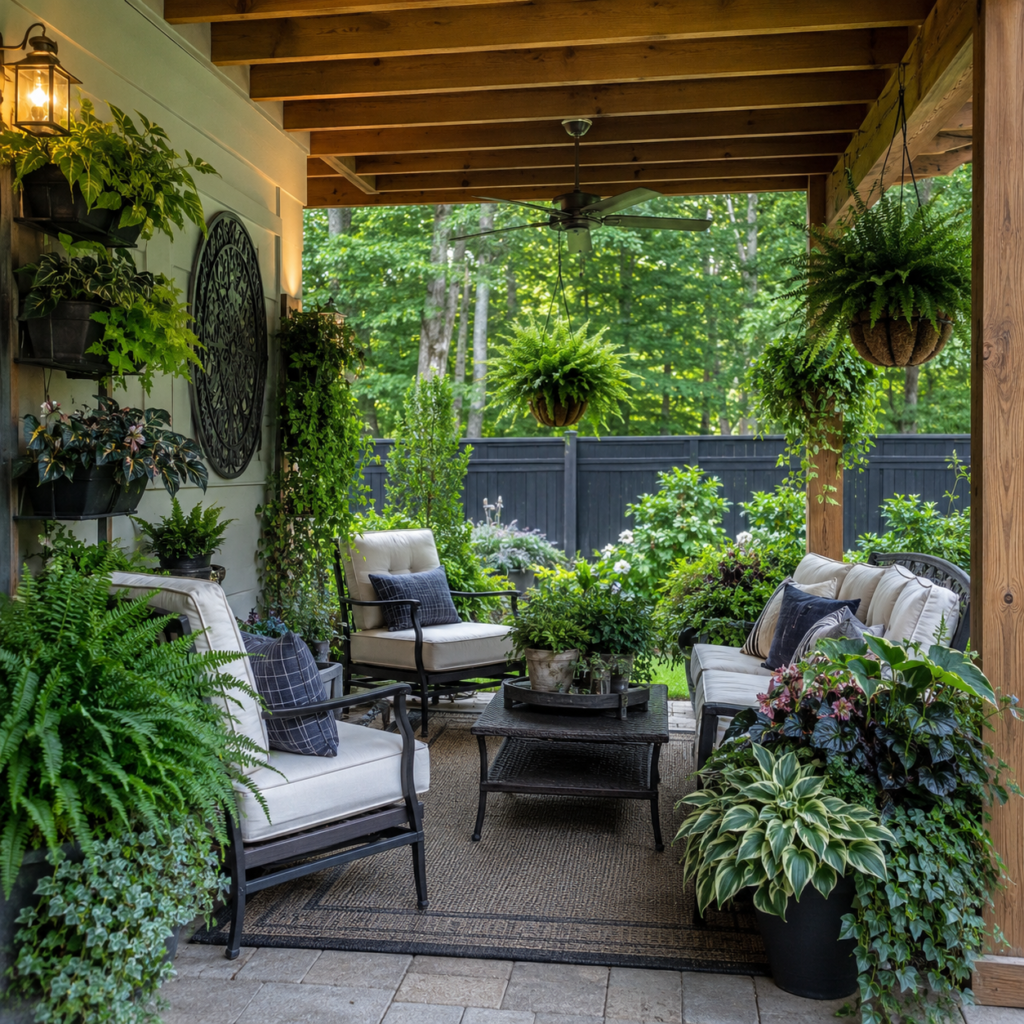 Covered Backyard Patio Planter Ideas with shade plants.