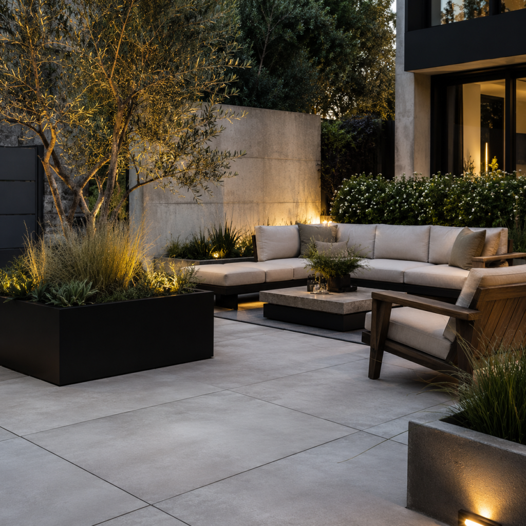 Modern Backyard Patio Planter Ideas with black planters.