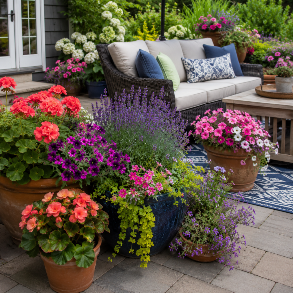 Flower Backyard Patio Planter Ideas for colorful patios.