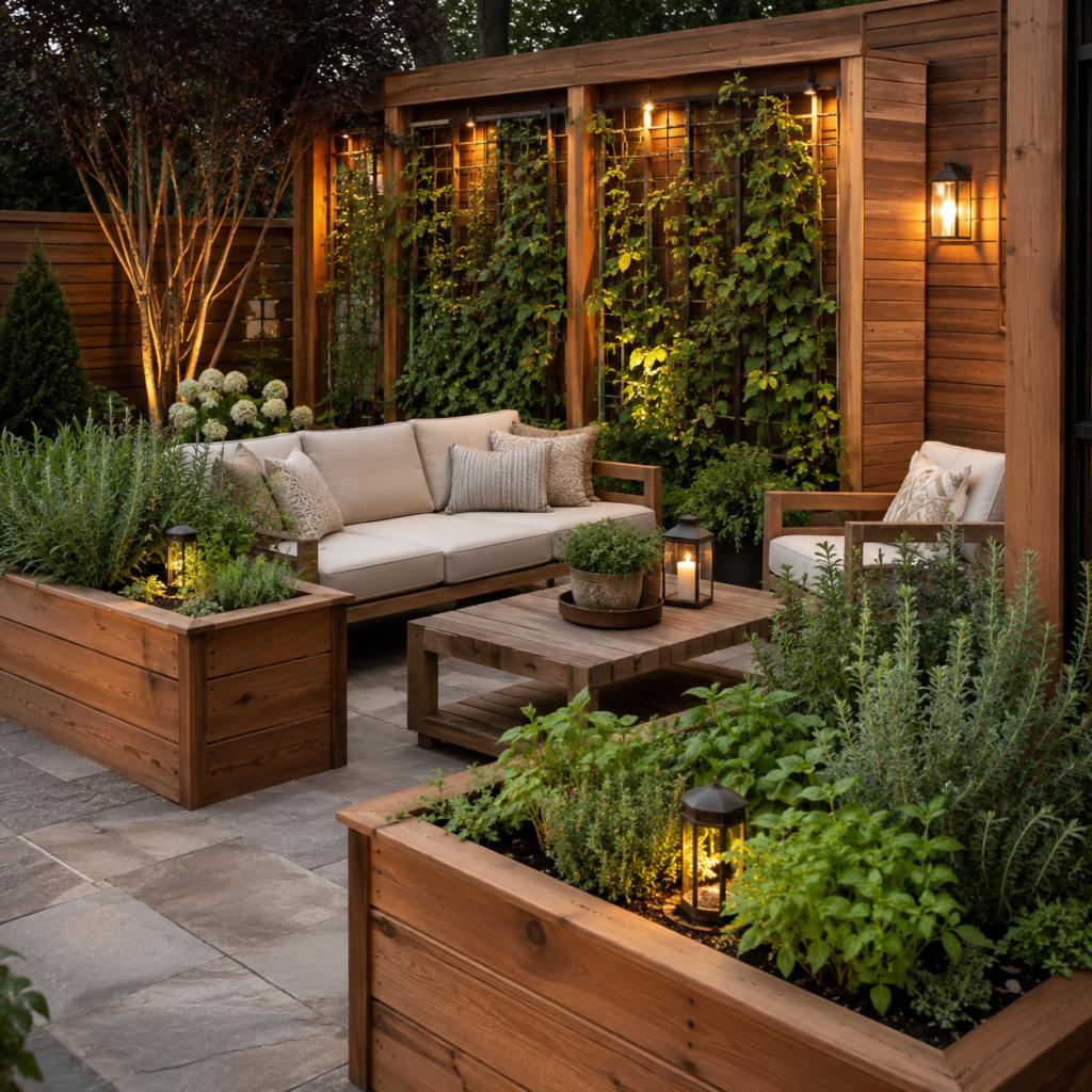Wooden Backyard Patio Planter Ideas with cedar planters.