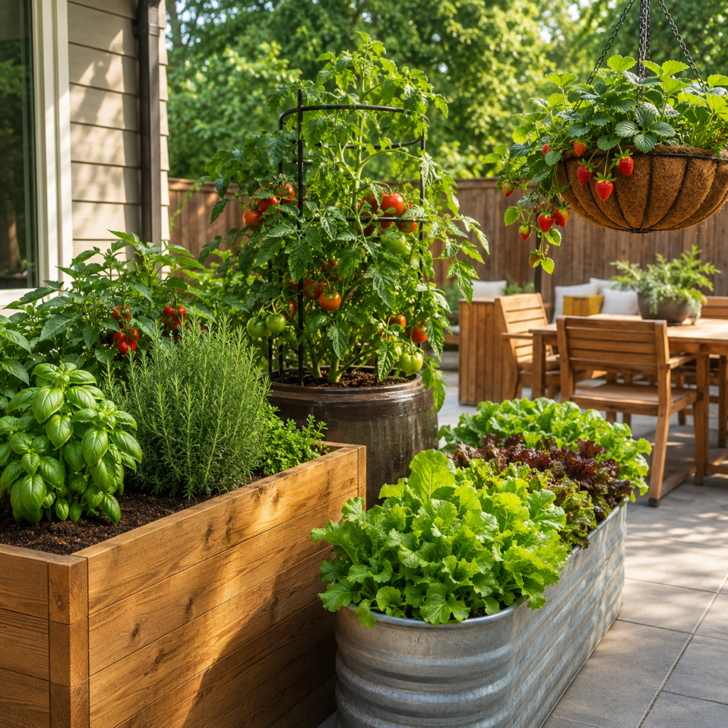 Backyard Patio Planter Ideas with herbs and vegetables.