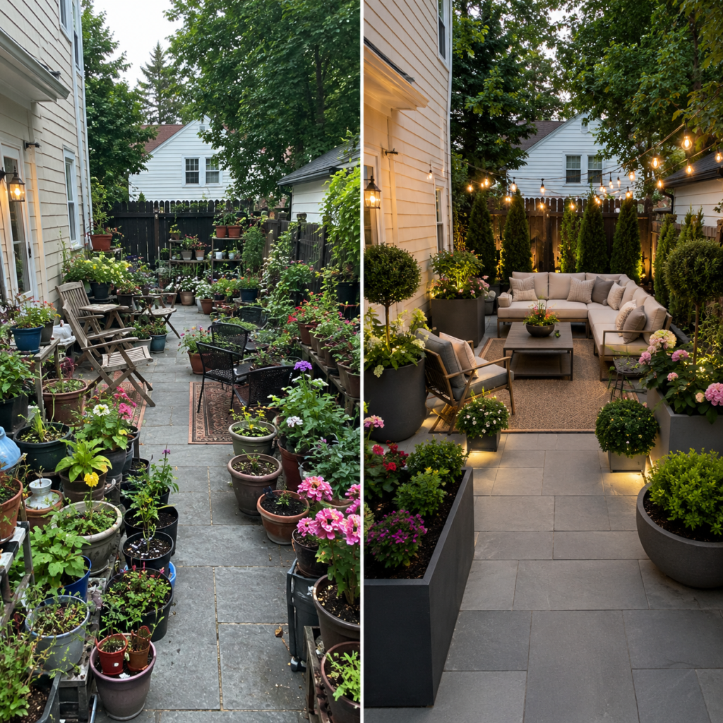 Backyard Patio Planter Ideas before and after layout.
