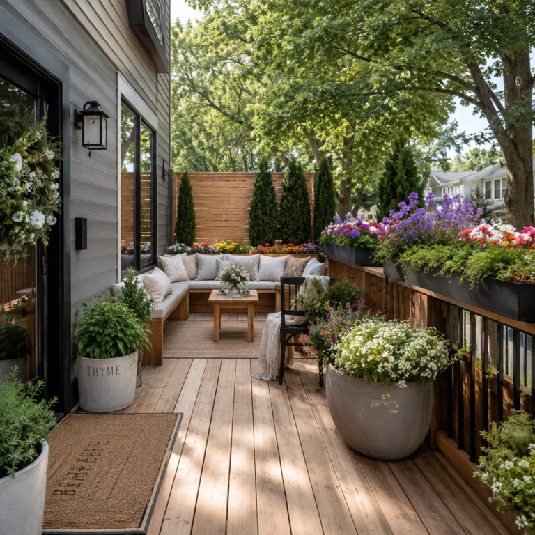Backyard deck planter ideas with railing boxes and cozy seating.