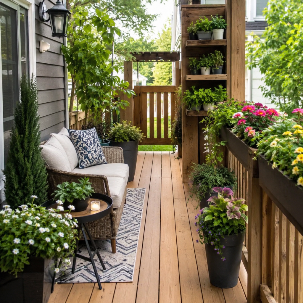 Small backyard deck planter ideas with railing planters.