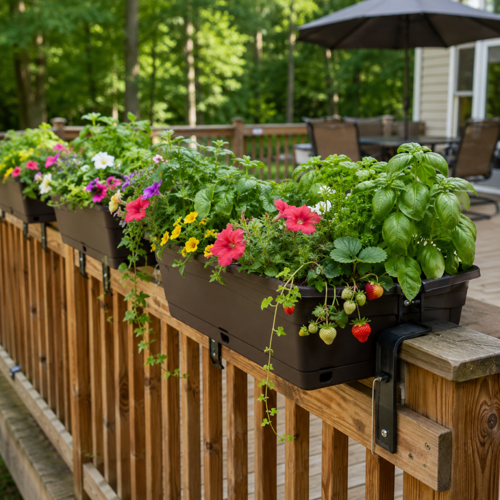 Secure deck railing planters with flowers and herbs.