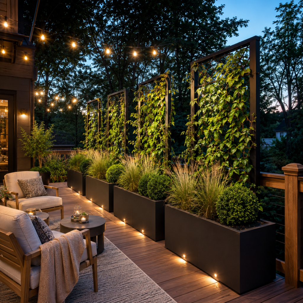 Deck privacy planters with tall grasses and shrubs.