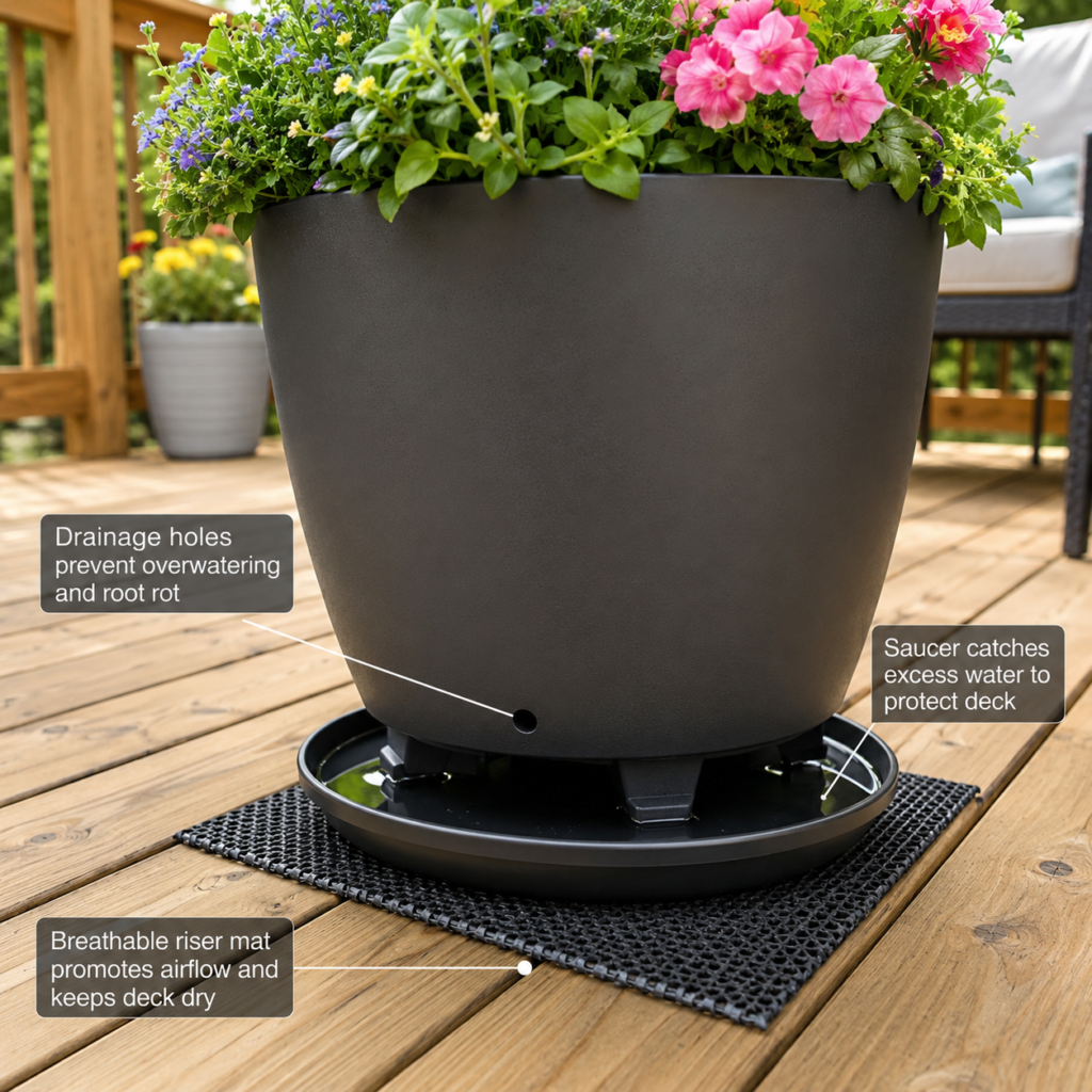 Deck planter drainage setup protecting wood boards.