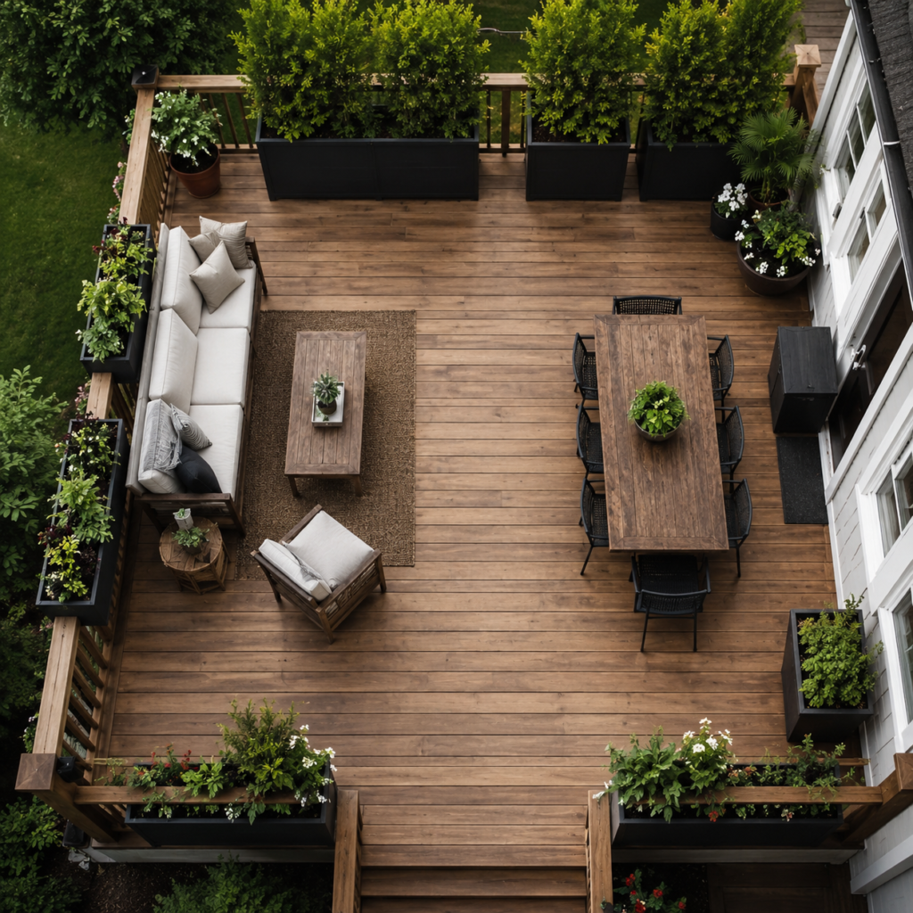 Backyard deck planter layout with open walkway.