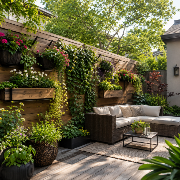 Backyard fence planter ideas with hanging flower boxes and vertical greenery.