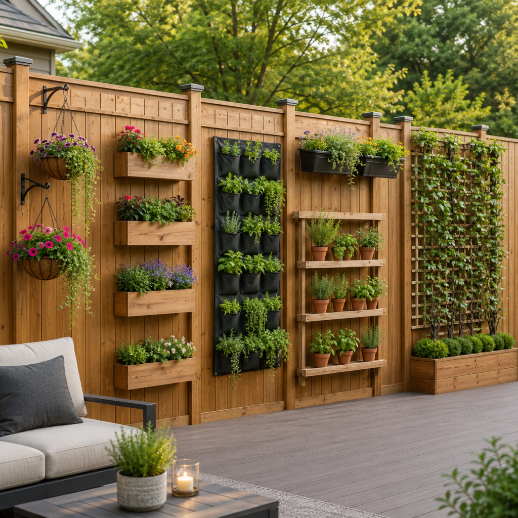 Different backyard fence planter styles on a wooden fence.