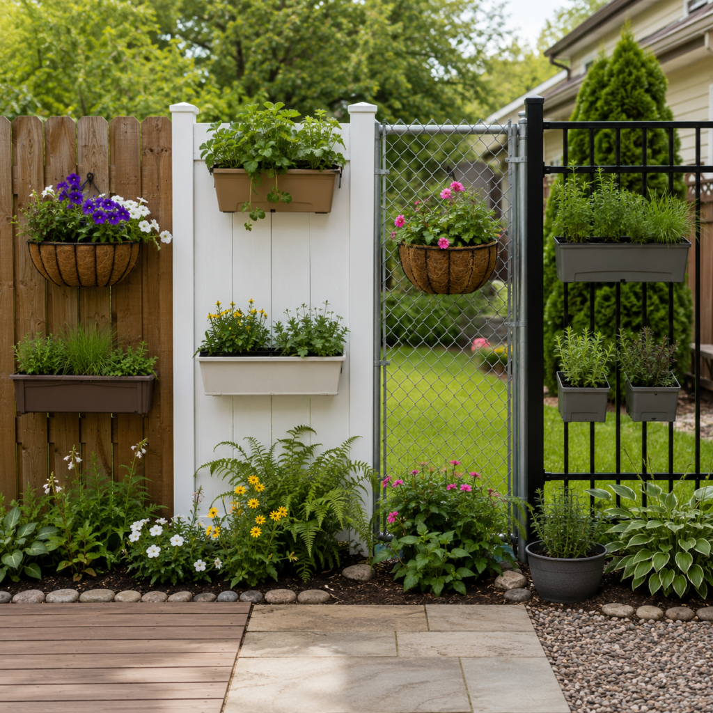 Fence planter ideas for wood vinyl chain link and metal fences.