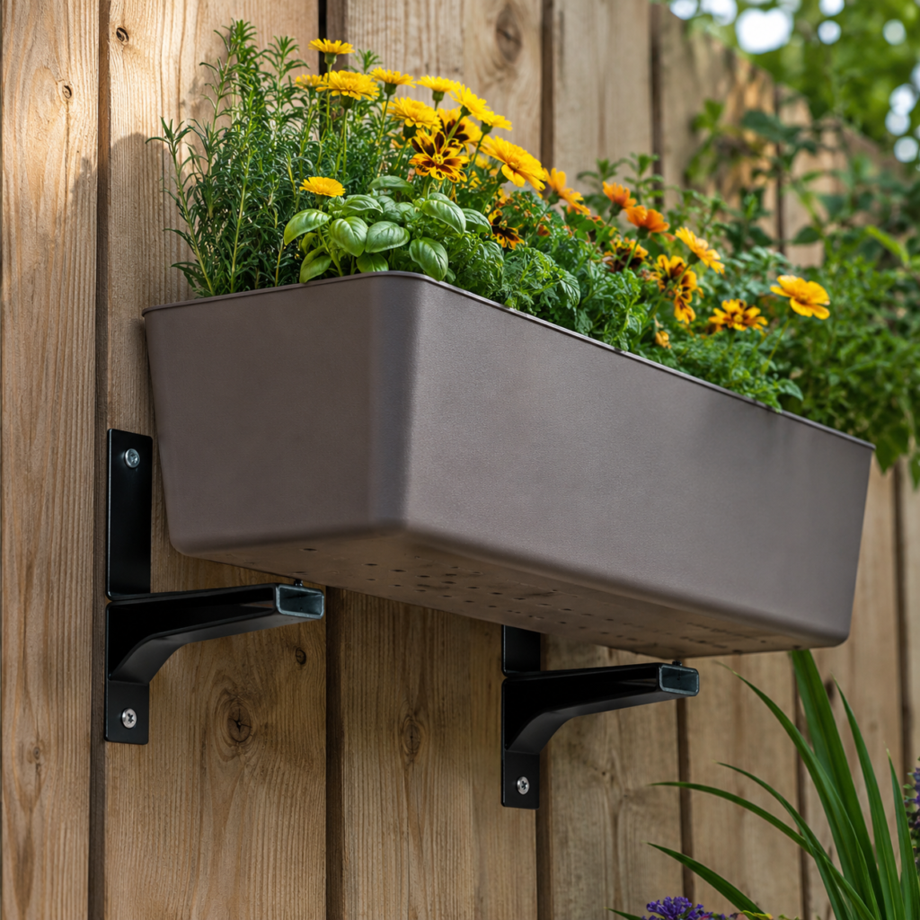 Safe fence planter installation with brackets and drainage holes.