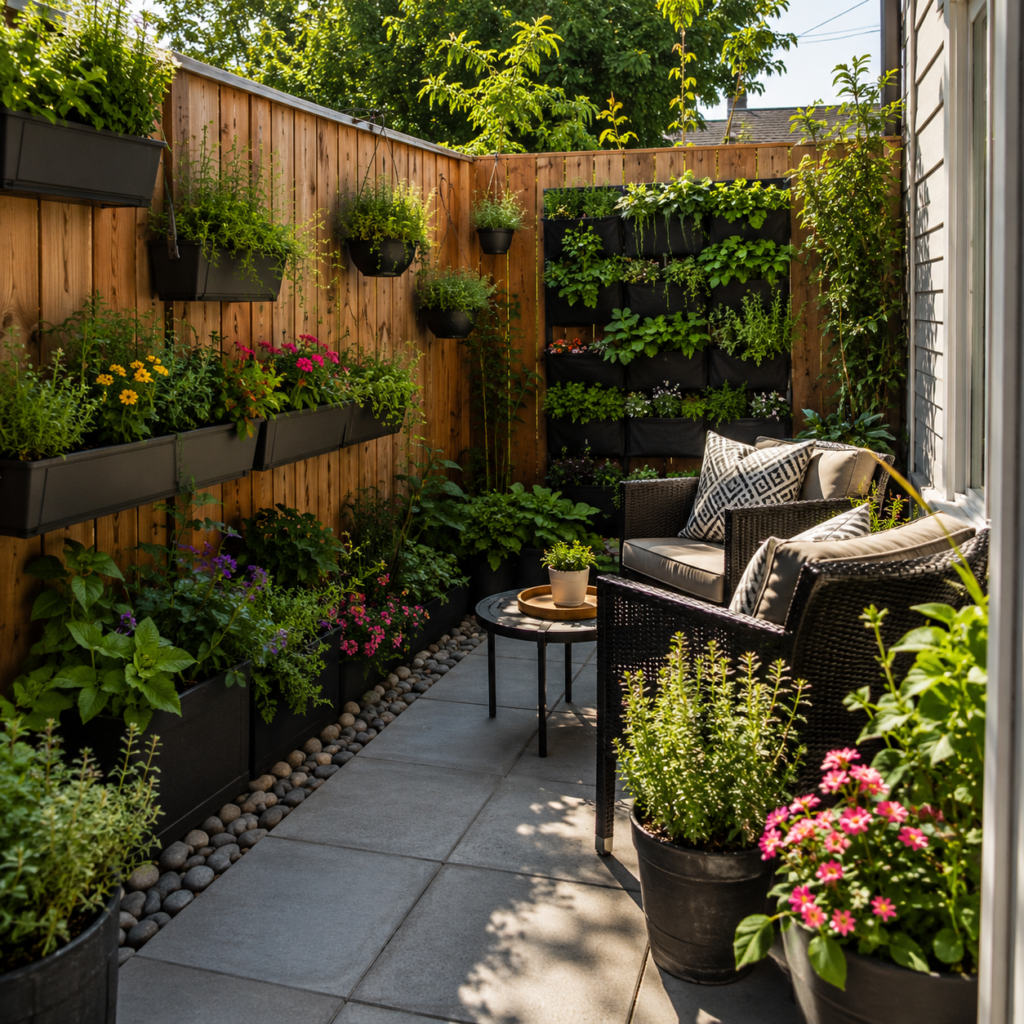 Small backyard fence planter layout with vertical planters and hanging herbs.