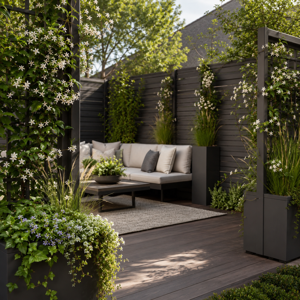 Privacy fence planter ideas with trellis planters and tall greenery.