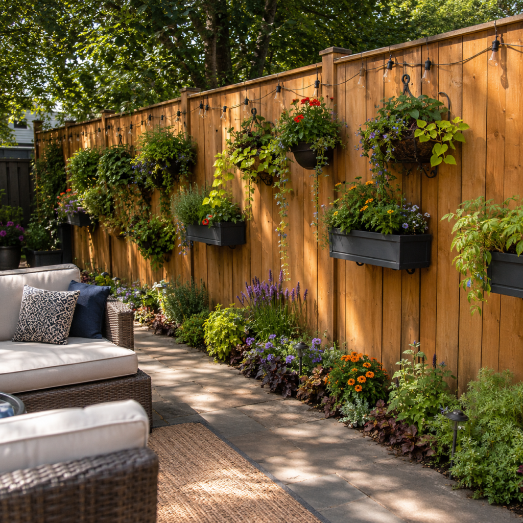Backyard Fence Planter Ideas with hanging planters and flowers.