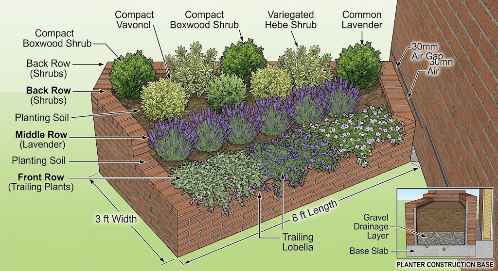 8 ft by 3 ft backyard brick planter layout.